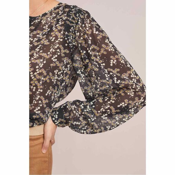 Paige Ambrosine Sheer Floral Silk Blouse Black Medium Ruffle - Picture 10 of 15